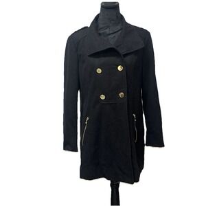 GUESS Double Breasted Wool Blend Jacket Women's M Black Gold Button Pea Coat Y2K